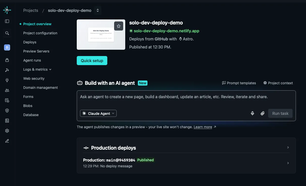 Netlify Sites dashboard with a published production deploy and live netlify.app URL