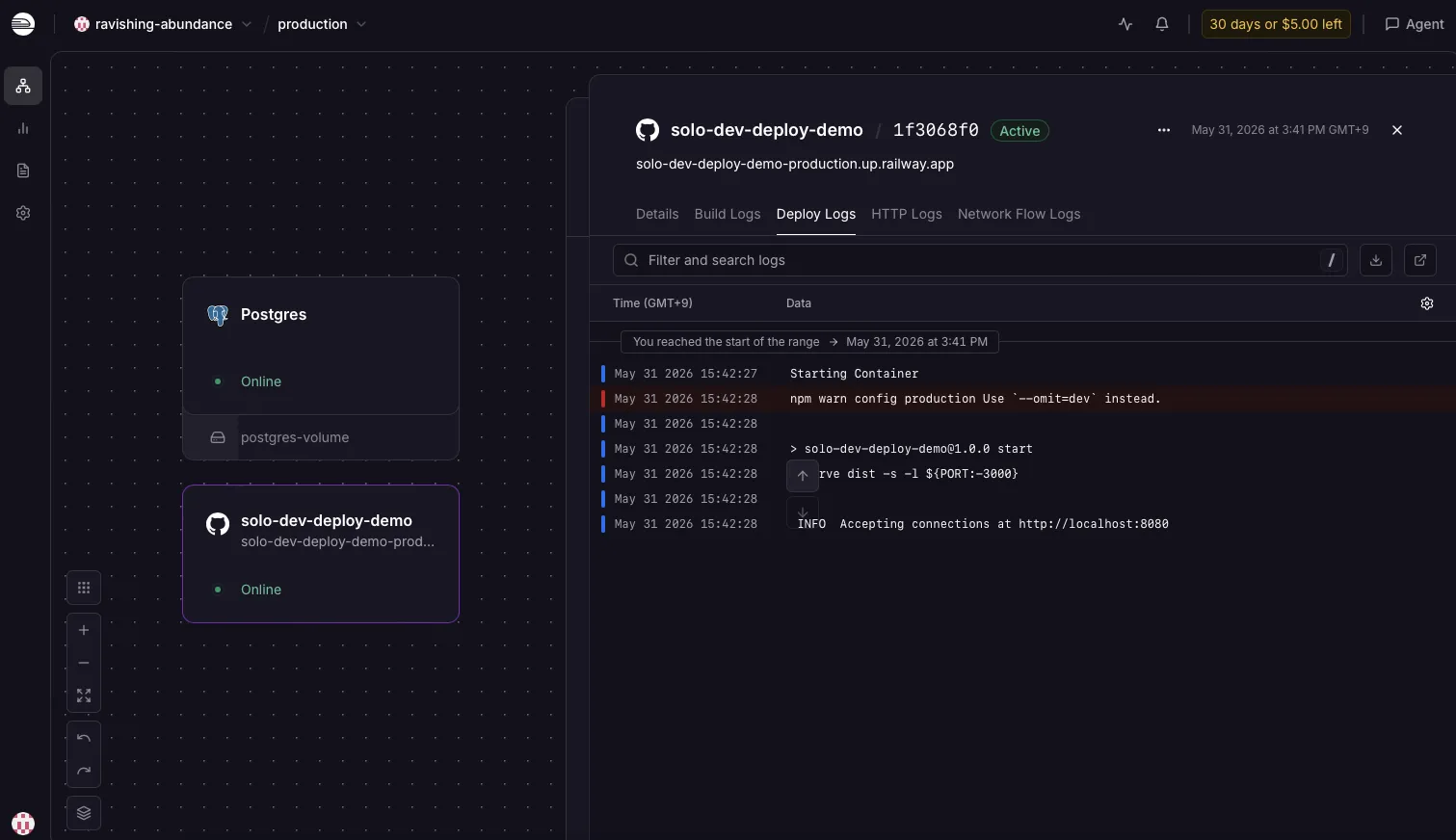 Railway deployment logs showing a successful build and deploy