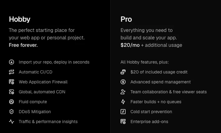 Vercel pricing page showing Hobby and Pro plan tiers