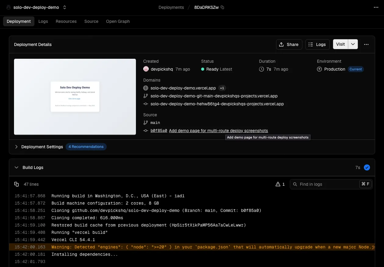 Vercel Deployments tab showing preview and production deployment history