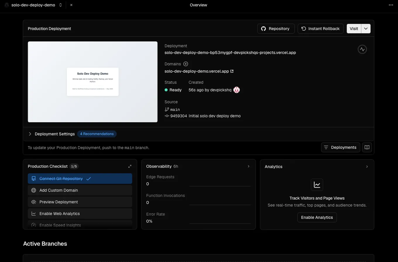 Vercel dashboard showing a project with a recent production deployment